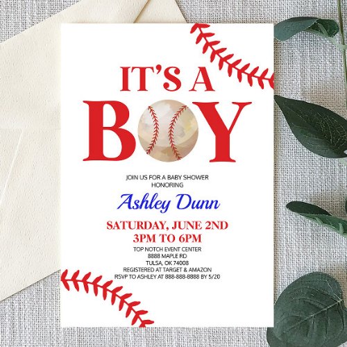 Baseball Its A Boy Red Blue Baby Shower Invitation