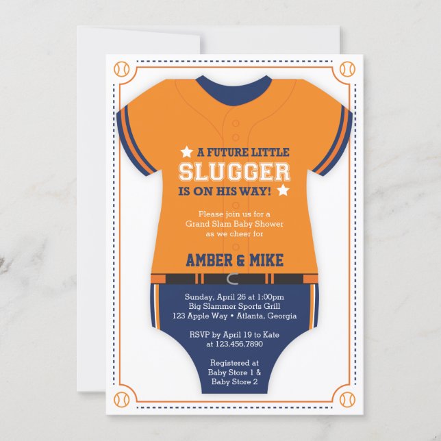 Baseball Jersey Baby Shower, Blue, Orange Invitation (Front)