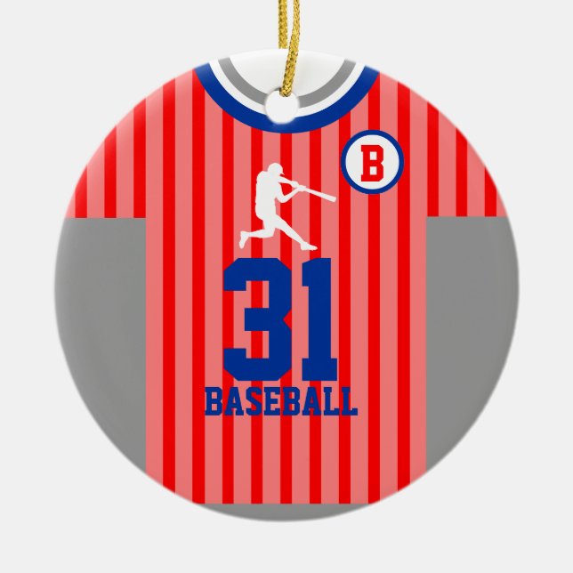 Baseball Jersey Red Blue Stripe Ornament (Front)