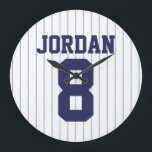Baseball Jersey with Custom Name and Number Large Clock<br><div class="desc">Blue Pinstripe Baseball Jersey Gift with Custom Name and Number.
Perfect gift for baseball players and baseball lovers.</div>