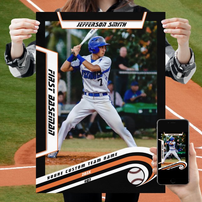 Baseball Keepsakes in Lively Orange Black Custom  Poster (Baseball Player Poster in Black and Orange with Custom Team Name and dynamic White Elements)