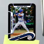 Baseball Keepsakes Lively Blue Black Custom Magnet<br><div class="desc">Introducing our exclusive baseball player magnet, meticulously crafted to capture the essence of America's favorite pastime. Encased in a sleek black frame, this magnet features striking blue and white elements, creating a visually captivating design that celebrates the spirit of the game. At the top, the player's name takes center stage...</div>