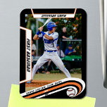 Baseball Keepsakes Lively Orange Black Custom Magnet<br><div class="desc">Introducing our captivating baseball player magnet, meticulously designed to capture the essence of the game with style and sophistication. Encased in a sleek black frame, this magnet boasts vibrant orange and white elements that command attention and evoke the spirit of the field. At the top, the player's name takes center...</div>