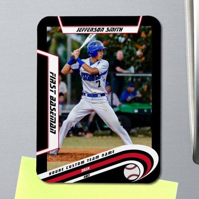 Baseball Keepsakes Lively Red Black Custom Magnet (Baseball Player Magnet in Black with Custom Team Name and White Red Stripes)
