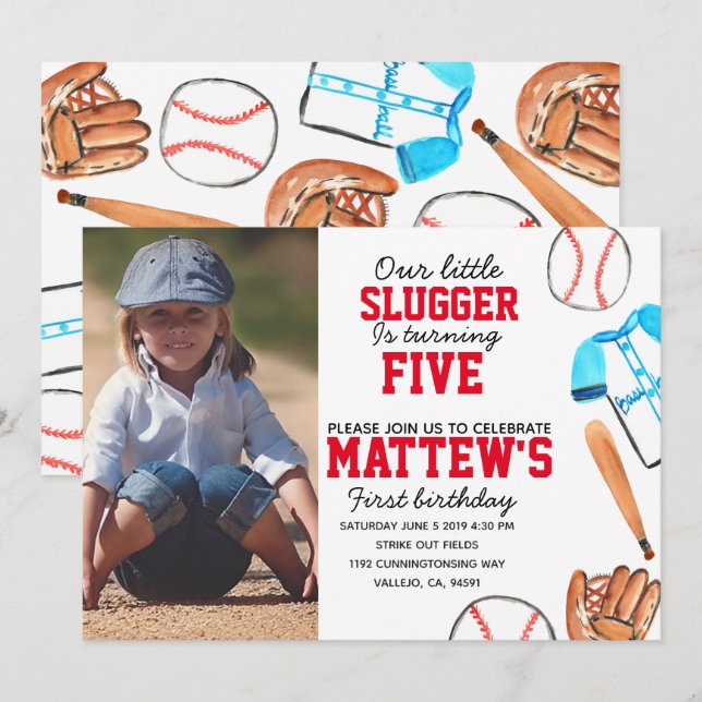 Baseball kid birthday photo invitation (Front/Back)