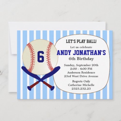 Baseball Kid's Birthday Party Blue Invitation