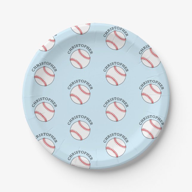 Baseball Kids Party Modern Name Pattern Paper Plates (Front)