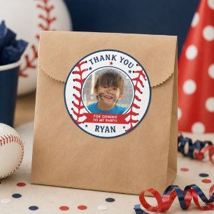 Baseball Kids Photo Birthday Party Thank You  Classic Round Sticker