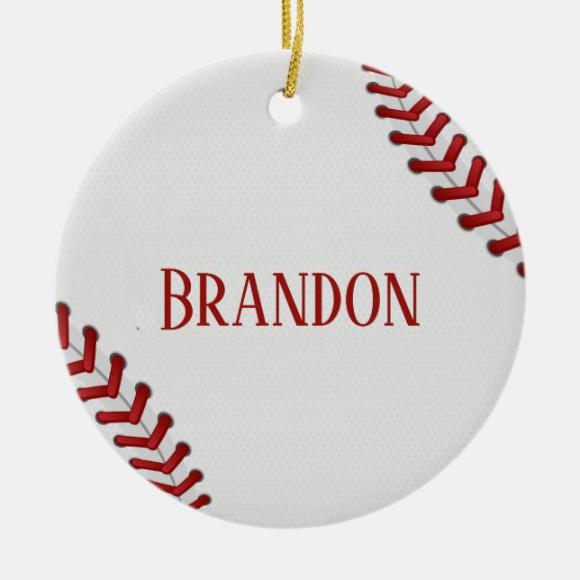 Baseball Laces Bases Ball Red White Game Name Ceramic Ornament (Front)