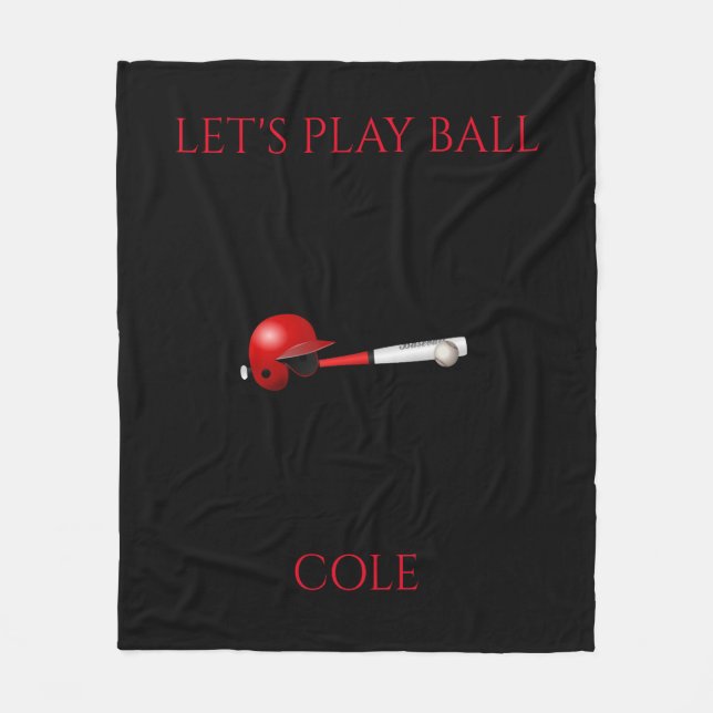 BASEBALL "Let's play ball" black fleece blanket. (Front)