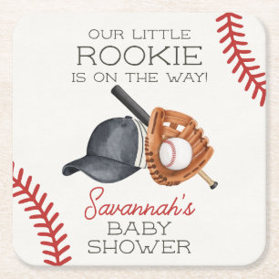 Baseball Little Rookie Home Run Baby Shower Square Paper Coaster