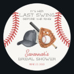 Baseball Little Rookie Home Run Bridal Shower Classic Round Sticker<br><div class="desc">It's her last swing before the ring! Step up to the plate and hit a home run with our Classic Baseball theme party decor, perfect for your little rookie's big day! This fun collection captures the timeless charm of America's favorite pastime. Our decor will make your next celebration a grand...</div>