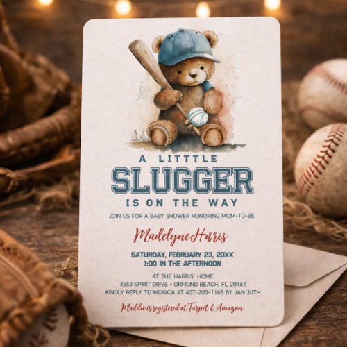 Baseball Little Slugger Teddy Bear  Baby Shower  Invitation