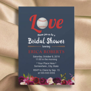 Baseball Love Burgundy Floral Navy Bridal Shower Invitation