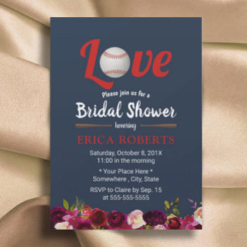 Baseball Love Burgundy Floral Navy Bridal Shower Invitation by myinvitation at Zazzle