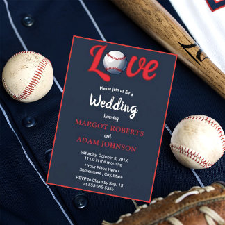 Baseball Love Burgundy Floral Navy Wedding Invitation