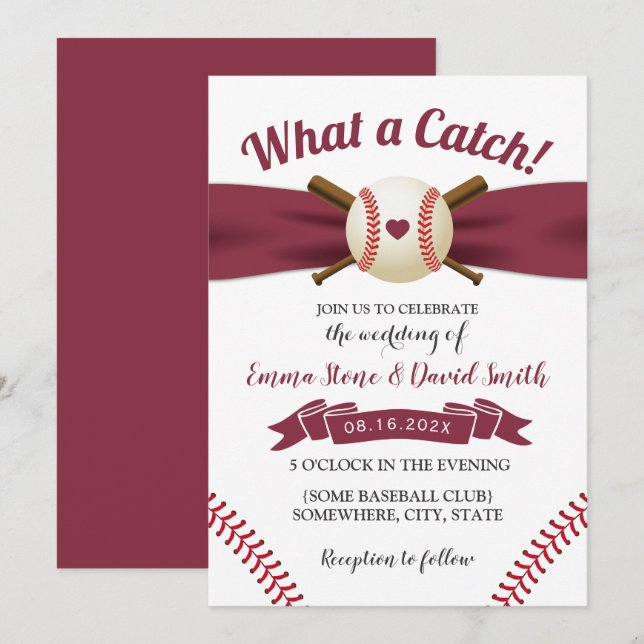 Baseball Love Burgundy Red Ribbon Sports Wedding Invitation (Front/Back)