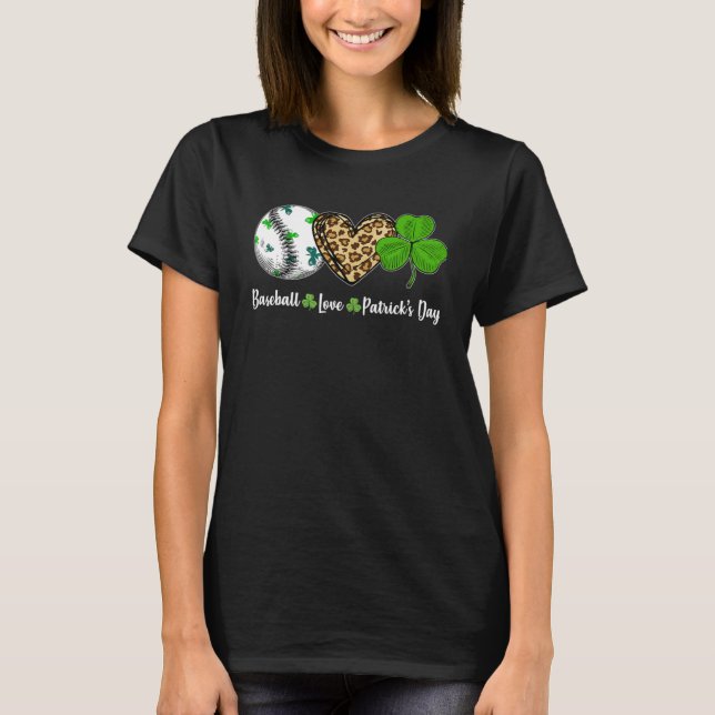 Baseball Love Leopard Heart Shamrock St Patricks D T-Shirt (Front)