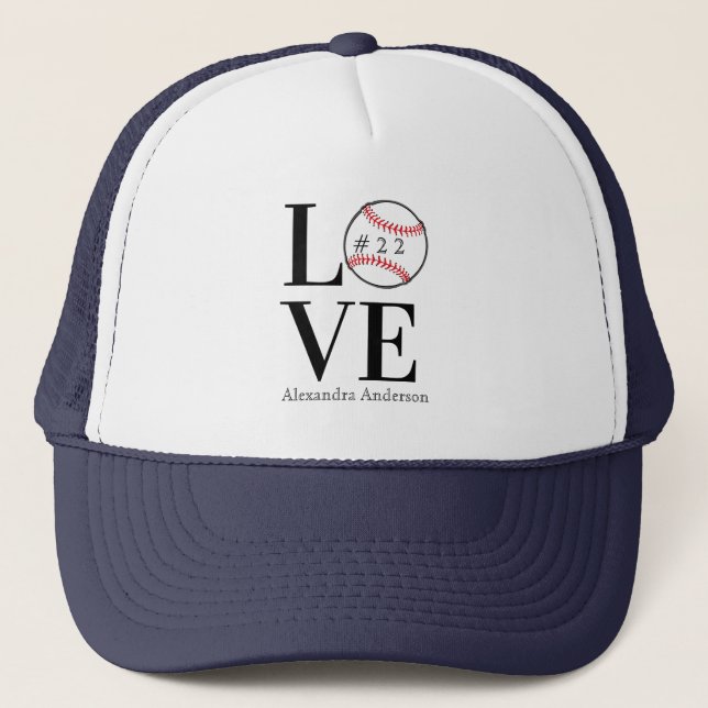 Baseball LOVE: Personalized add name, and number Trucker Hat (Front)
