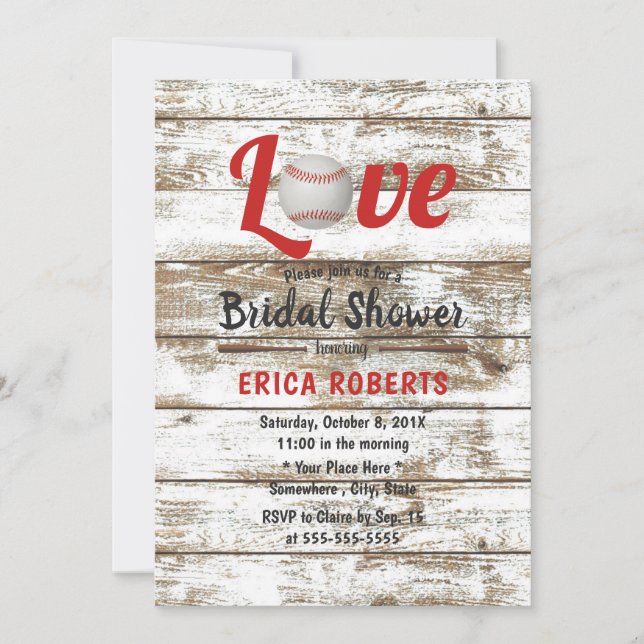 Baseball Love Rustic Sports Wedding Bridal Shower Invitation (Front)