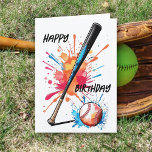 Baseball Lovers Bat & Ball Splash Birthday  Card<br><div class="desc">Hey Baseball Fanatic! ⚾️ Looking for the perfect birthday card to knock it out of the park? Our awesome baseball-themed card is a home run choice! 🎂 The watercolor-style design featuring a baseball bat and ball with a splashy twist creates a sporty and artsy vibe. Whether he's a little slugger...</div>