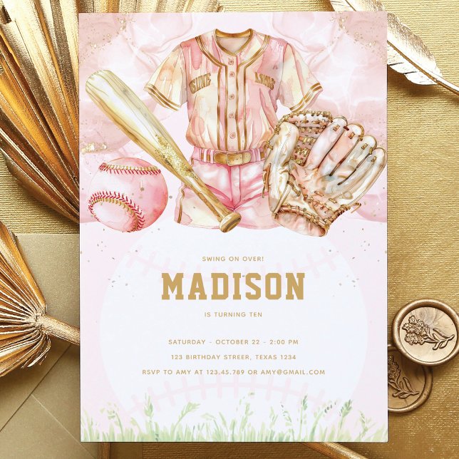 Baseball Luxury Girl Birthday Pink Gold Invitation (Creator Uploaded)