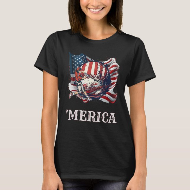 Baseball Merica Patriotic 4th July American Flag T-Shirt (Front)
