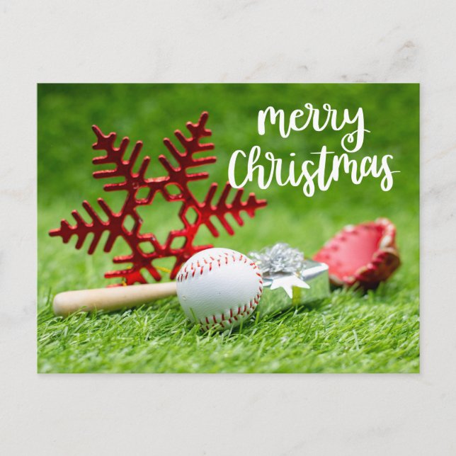 Baseball Merry Christmas with ball and bat  Holiday Postcard (Front)