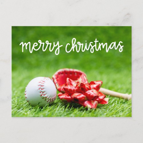 Baseball Merry Christmas with ball and bat   Holiday Postcard