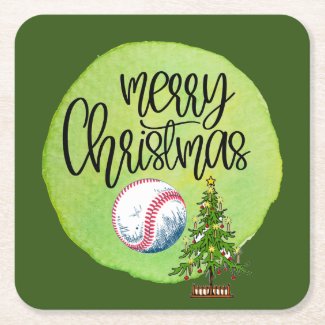 Baseball Merry Christmas with ball and tree  Square Paper Coaster