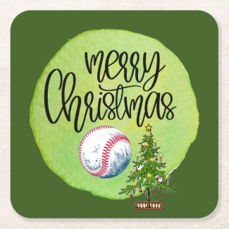 Baseball Merry Christmas with ball and tree Square Paper Coaster