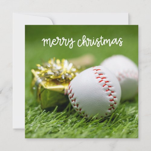 Baseball Merry Christmas with ball on Green grass  Holiday Card