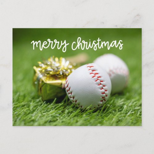 Baseball Merry Christmas with ball on Green grass  Holiday Postcard
