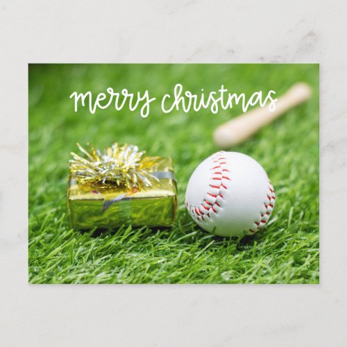 Baseball Merry Christmas with ball on Green grass Holiday Postcard