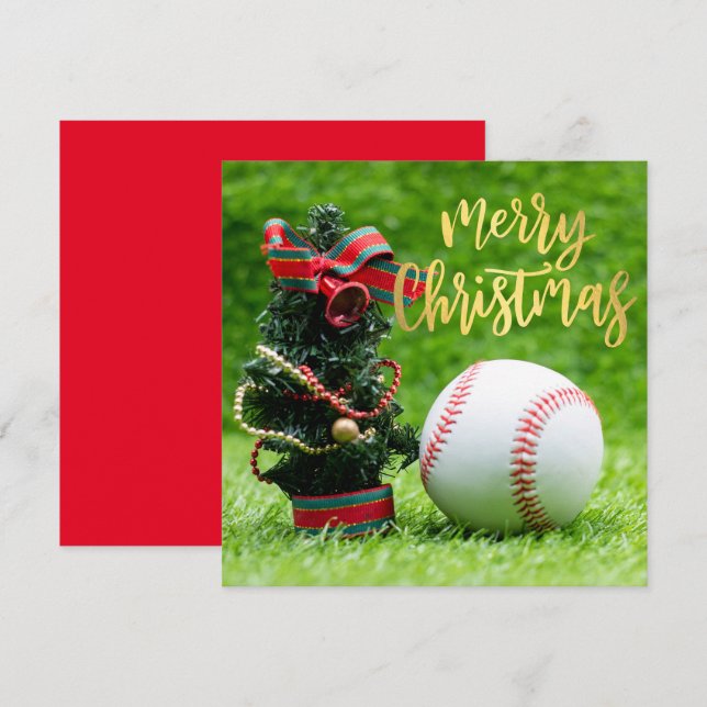 Baseball Merry Christmas with ball on green  Holid Holiday Card (Front/Back)