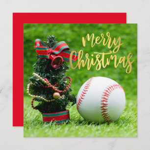 Baseball Merry Christmas with ball on green Holid Holiday Card