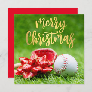 Baseball Merry Christmas with ball on green Holiday Card