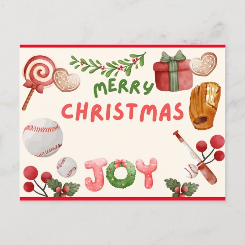Baseball Merry Christmas with Ball watercolor  Postcard