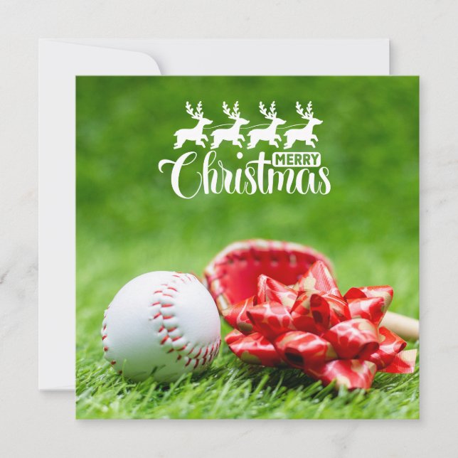Baseball Merry Christmas with gifts on green grass Card (Front)