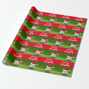 Baseball Merry Christmas with Santa hat on green Wrapping Paper