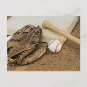 Baseball, Mitt, and Bat on Base Postcard