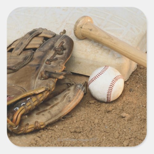 Baseball Mitt and Bat on Base Square Sticker