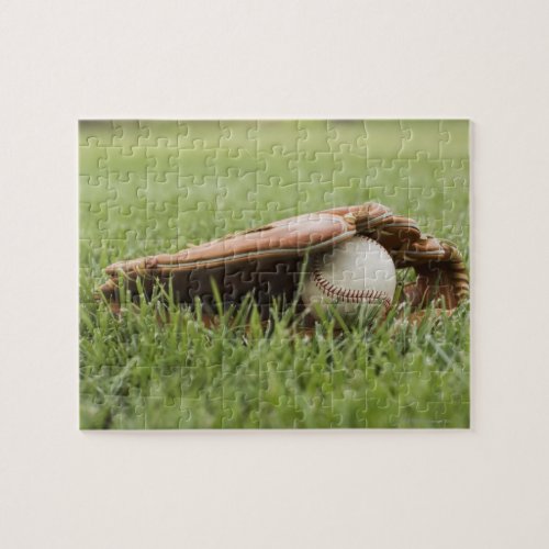 Baseball mitt with ball in grass jigsaw puzzle