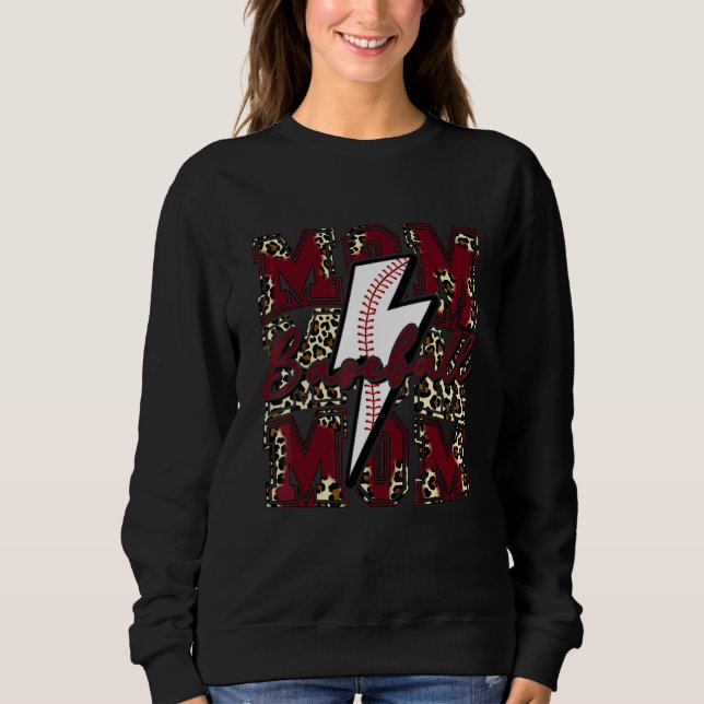 Baseball Mom Baseball Lightning Bolt Leopard Maroo Sweatshirt (Front)
