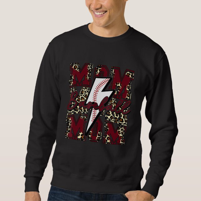Baseball Mom Baseball Lightning Bolt Leopard Maroo Sweatshirt (Front)