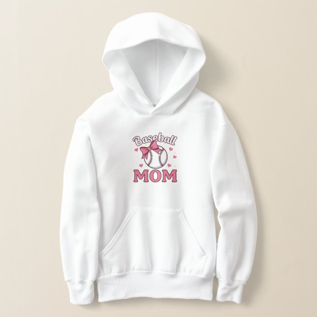 Baseball Mom Cute Pink Bow Design Hoodie (Laydown)