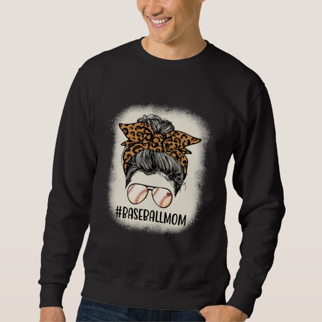 Baseball Mom Messy Hair Bun Leopard Women Mother s Sweatshirt (Front)