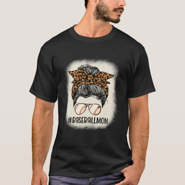 Baseball Mom Messy Hair Bun Leopard Women Mother s T-Shirt (Front)