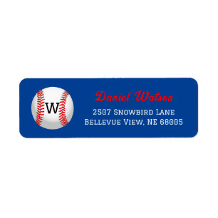 Baseball Monogram Red Script Return Address     Label