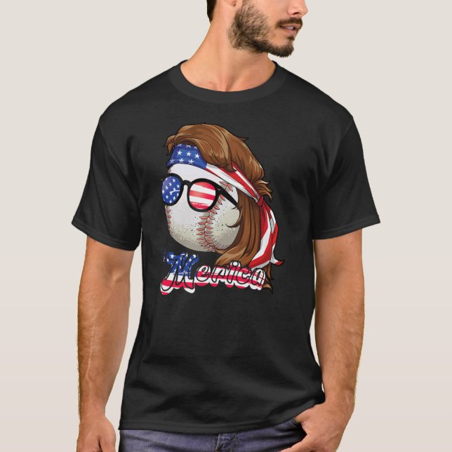Baseball Mullet 4th Of July American Flag Merica T-Shirt (Front)